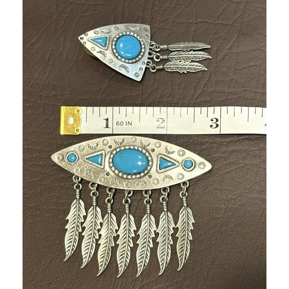 VTG JJ Southwest Dangle Feathers Jonette 1988 Faux Turquoise Brooch Earrings Set - Picture 8 of 9